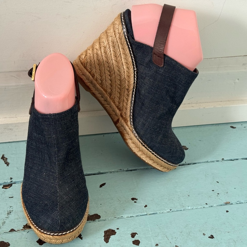 Tory Birch Size US 9B Tory Denim Espadrille Wedge Sandals Leather lined